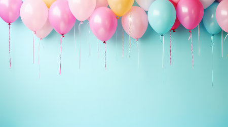 Colorful air balloons on the blue pastel background. Birthday concept with copy space.の素材