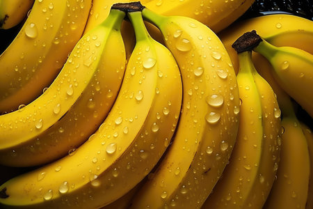 Fresh bananas background with water drops.の素材