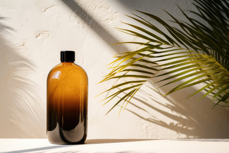 Dark glass bottle on the stone wall background with sunlight and palm leaf. Skincare essence for beautiful healthy skin. Beauty skincare concept.の素材