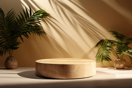 Stone podium with tropical palm leaves for product presentation. Mock up, show cosmetic product display.の素材