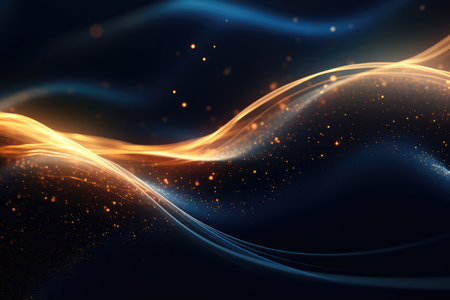 Abstract neon dark blue and gold particles background. Glowing bokeh waves and surface grid.の素材