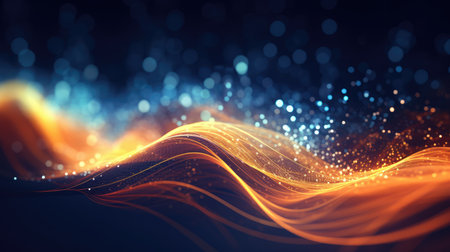 Abstract neon multicolor particles background. Glowing bokeh waves and surface grid.の素材