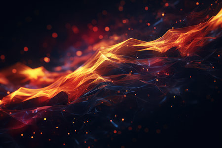 Abstract neon multicolor particles background. Glowing bokeh waves and surface grid.の素材
