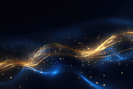 Abstract neon dark blue and gold particles background. Glowing bokeh waves and surface grid.の素材