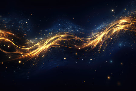 Abstract neon dark blue and gold particles background. Glowing bokeh waves and surface grid.の素材