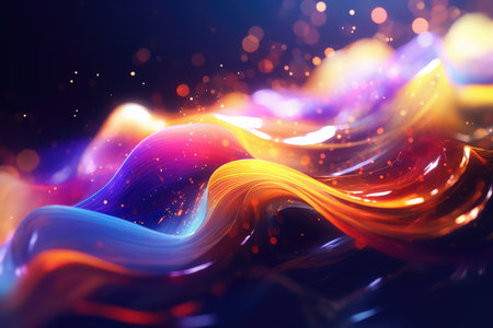 Abstract neon multicolor particles background. Glowing bokeh waves and surface grid.の素材