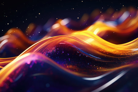 Abstract neon multicolor particles background. Glowing bokeh waves and surface grid.の素材