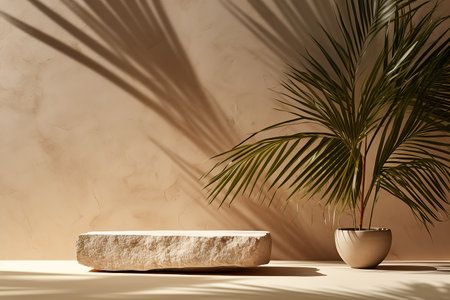 Stone podium with tropical palm leaves for product presentation. Mock up, show cosmetic product display.の素材