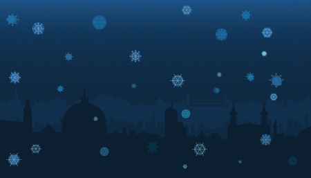 Winter city panorama in the night. All around are dark blue and snowflakes are falling from the sky.のイラスト素材