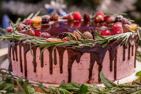 Wild berry Birthday cake with chocolate glaze, rosemary and berries on topの写真素材