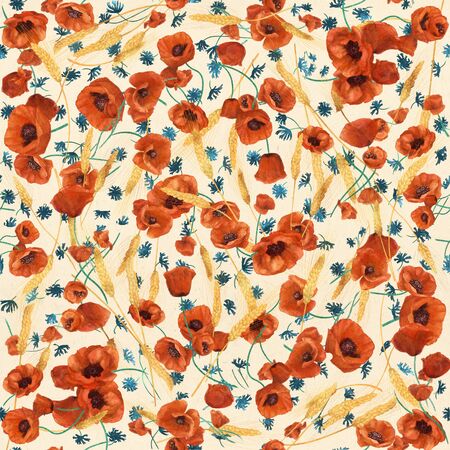 Seamless pattern with acrylic wild flowers: popies, cornflowers and wheat on a light  backgroundの写真素材
