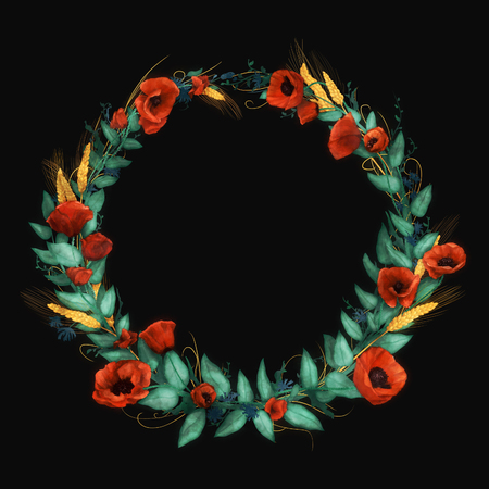 Wild red poppies, wheat, cornflowers and cold green leaves in wreath on a black backgroundの写真素材