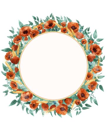 Watercolor wild red poppies, wheat, cornflowers and cold green leaves in wreath on a light backgroundの写真素材