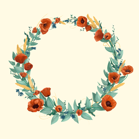 Watercolor wild red poppies, wheat, cornflowers and cold green leaves in wreath on a light backgroundのイラスト素材
