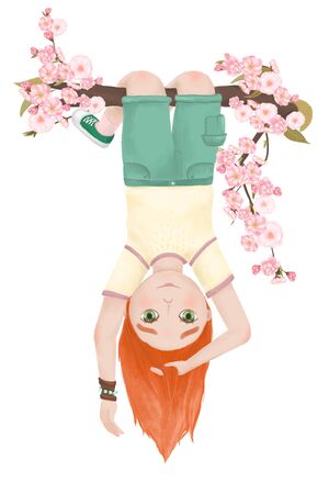 Teenager red hair girl on a sakura treeの写真素材