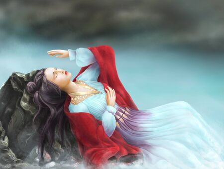 Chinese girl in blue dress and red scarf lying on a stone near riverの写真素材