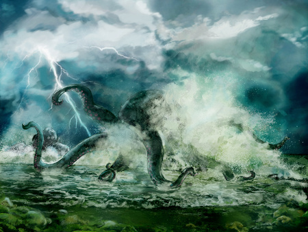Illustration of a Kraken or giant octopus in the storm, spindrift near seashoreの写真素材