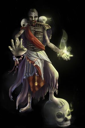 Fantasy scary magician men or shaman character with bones armor and green flame in a handの写真素材