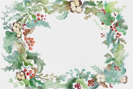 Christmas holidays watercolor winter plants, leaves, flowers and berries wreath with space for text in centerの写真素材