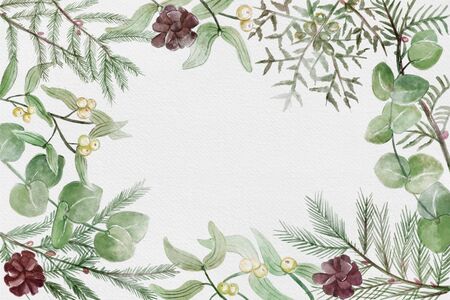 Christmas holidays watercolor illustration of  omela, pine cones,  winter plants and coniferous leaves  frame with space for text in centerの写真素材