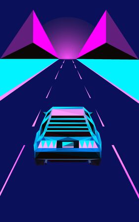 Colorful polygonal style design of cyberpunk car on the highway in blue and pink colorsのイラスト素材