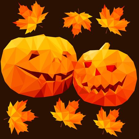 Colorful polygonal style design of two spooky halloween jack o lantern or pumpkinsのイラスト素材