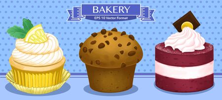 Vector illustration of colorful sweet desserts, cupcakes, muffins, little cakes in confectionery or bakeryのイラスト素材