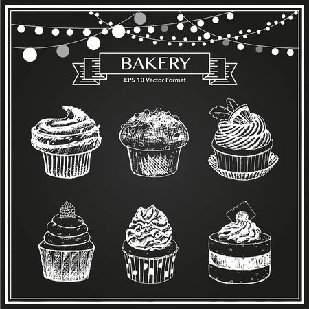 Black and white vector hand drawn sketch illustration of  sweet pastry desserts, cupcakes, muffins, little cakes in confectionery or bakeryのイラスト素材
