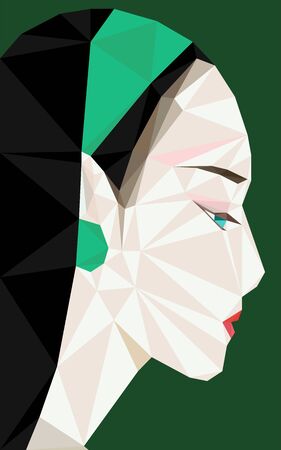 Colorful polygonal style design of asian woman  with green accessories and red lips on a green backgroundのイラスト素材