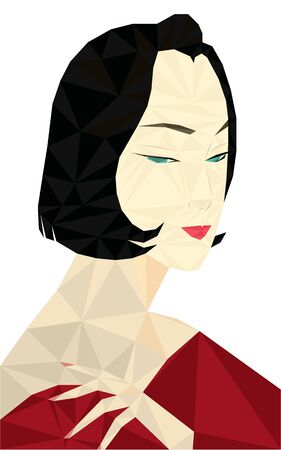 Colorful polygonal style design of asian woman in red dress  with red lipsのイラスト素材