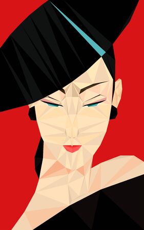 Colorful polygonal style design of asian woman in black hat and with red lipsのイラスト素材