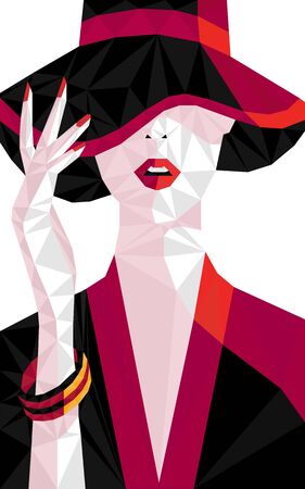 Colorful polygonal style design of asian woman  with red lips in red hat and kimonoのイラスト素材