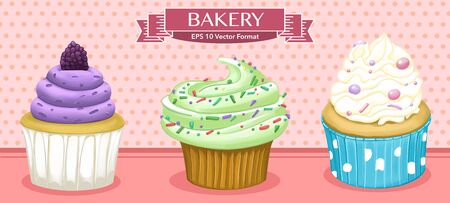 Vector illustration of colorful sweet desserts, cupcakes, muffins, little cakes in confectionery or bakeryのイラスト素材
