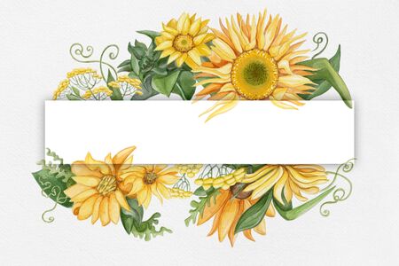 Watercolor sunflowers, leaves frame with space for your textの写真素材