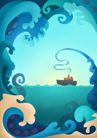 Illustration with stylized ocean or sea waves, marine creature, monster Kraken is hiding in water, and alone shipの写真素材