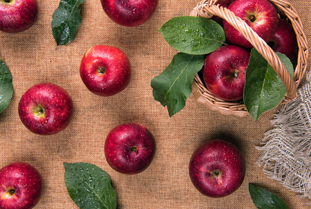 Flat lay with bright shiny clean wet red apples and green leaves covered by water drops in small basket and on sacking material. Healthy eating concept.の写真素材