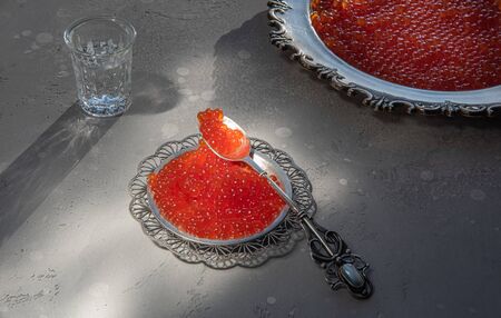 Red caviar in silver spoon and plate on gray background. Vodka shot and plate of caviar at unfocused...