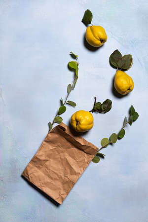 Crumpled paper shopping bag, yellow quince apples and green tree branches. Flat lay on blue. Fruits and leaves have natural imperfections, spots and scratches. Zero waste shopping concept. Copy space.の写真素材