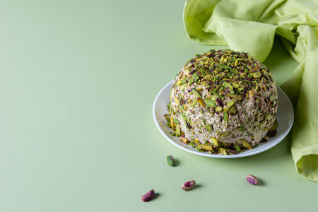 Halva with pistachios, few scatterred nuts and green linen napkin on mint green paper. Horizontal orientation. Copy space. Traditional middle eastern sweets. Jewish, turkish, arabic national dessert.の写真素材