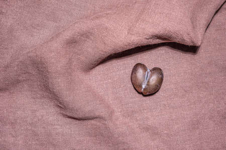 Malformed ripe brown and blue heart shaped plum with crack in middle on soft textured lilac linen material folded in unusual way as to catch the fruit. Hard shadows. Copy space. Directly above view.の写真素材