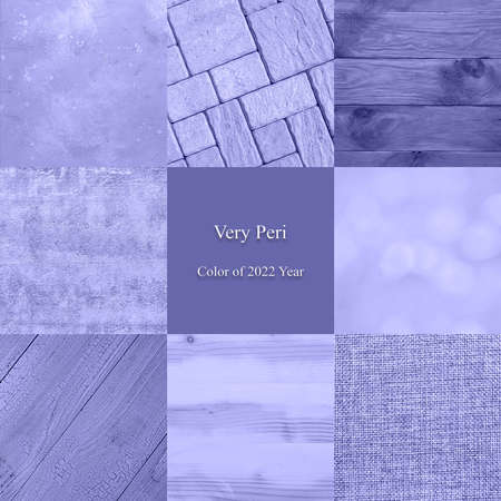 Square collage made of few different surfaces with pavement, concrete, wood panelling and burlap textures, all toned in very peri. Very Peri Color of 2022 year text in centre of collage.の写真素材