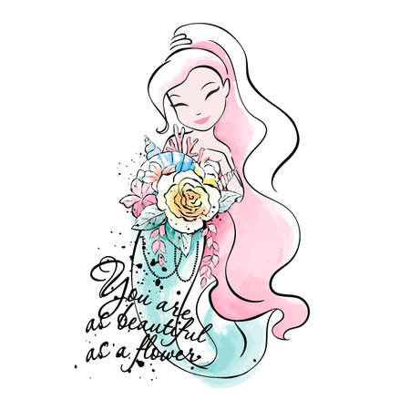 Art fashionable style. Print for teenagers clothes and fabrics. Beautiful mermaid with flowers, shells and corals. Fashionable ink and watercolor style.のイラスト素材