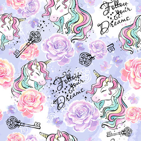 Art. Unicorn drawing. Follow your dreams. Fashionable ink and watercolor pattern. Text. Fashion illustration.のイラスト素材