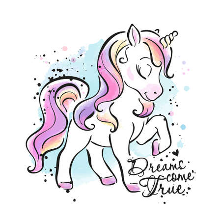 Art. Little unicorn. Fashionable ink and watercolor style. Dream come true text. Fashion illustration drawing in modern style for clothes.のイラスト素材