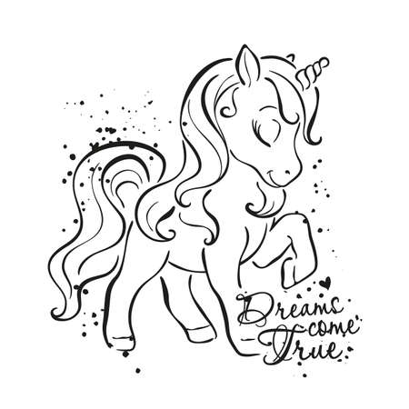 Black and white unicorn drawing. Fashionable ink style. Follow your dreams text. Fashion illustration drawing in modern style for clothes.のイラスト素材