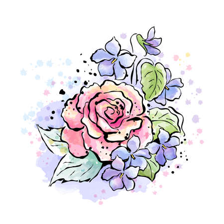 Art. Trendy ink and watercolor style. Print for clothes and fabrics. Bouquet of flowers. Rose and violets. Digital illustration.のイラスト素材