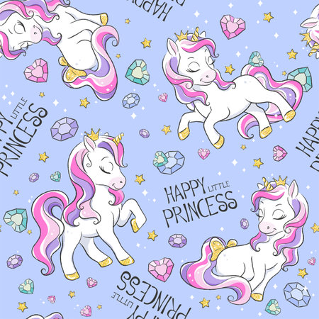 Art. Seamless pattern with unicorns on a blue background. Fashion illustration print in modern style for clothes and fabrics.のイラスト素材