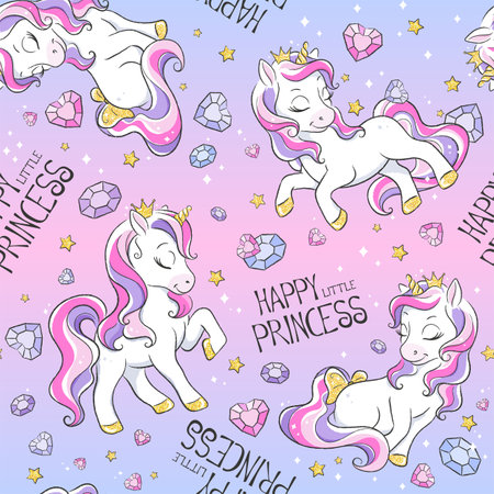 Art. Seamless pattern with unicorns on a colorful background. Fashion illustration print in modern style for clothes and fabrics.のイラスト素材