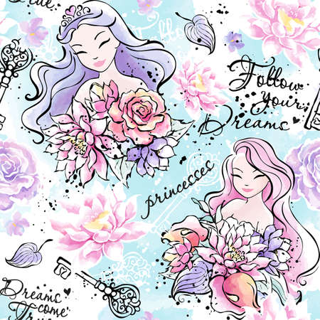 Beautiful princess pattern. Fashionable ink and watercolor pattern for clothes or fabrics.のイラスト素材