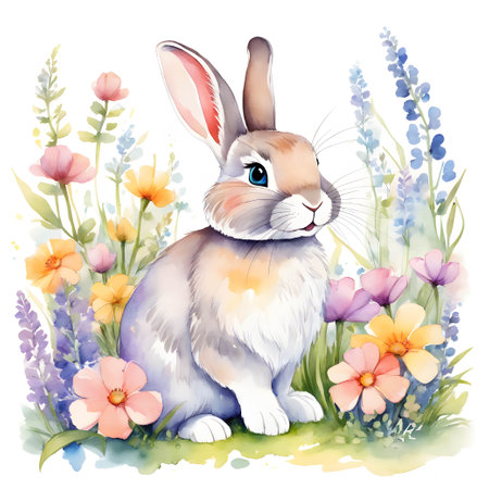 Art. Watercolor illustration of a cute beautiful rabbit on a lawn with flowers. Print for clothes. Fashion illustration. cartoon hare.のイラスト素材
